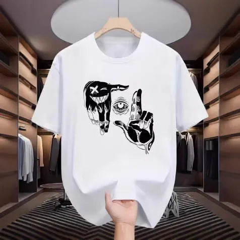 Men's cartoon print t-shirt in bird eye cloth showing round neck and short sleeve design