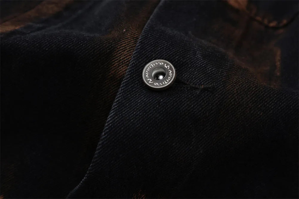 Black men's cotton denim jacket with fashion holes and street style design
