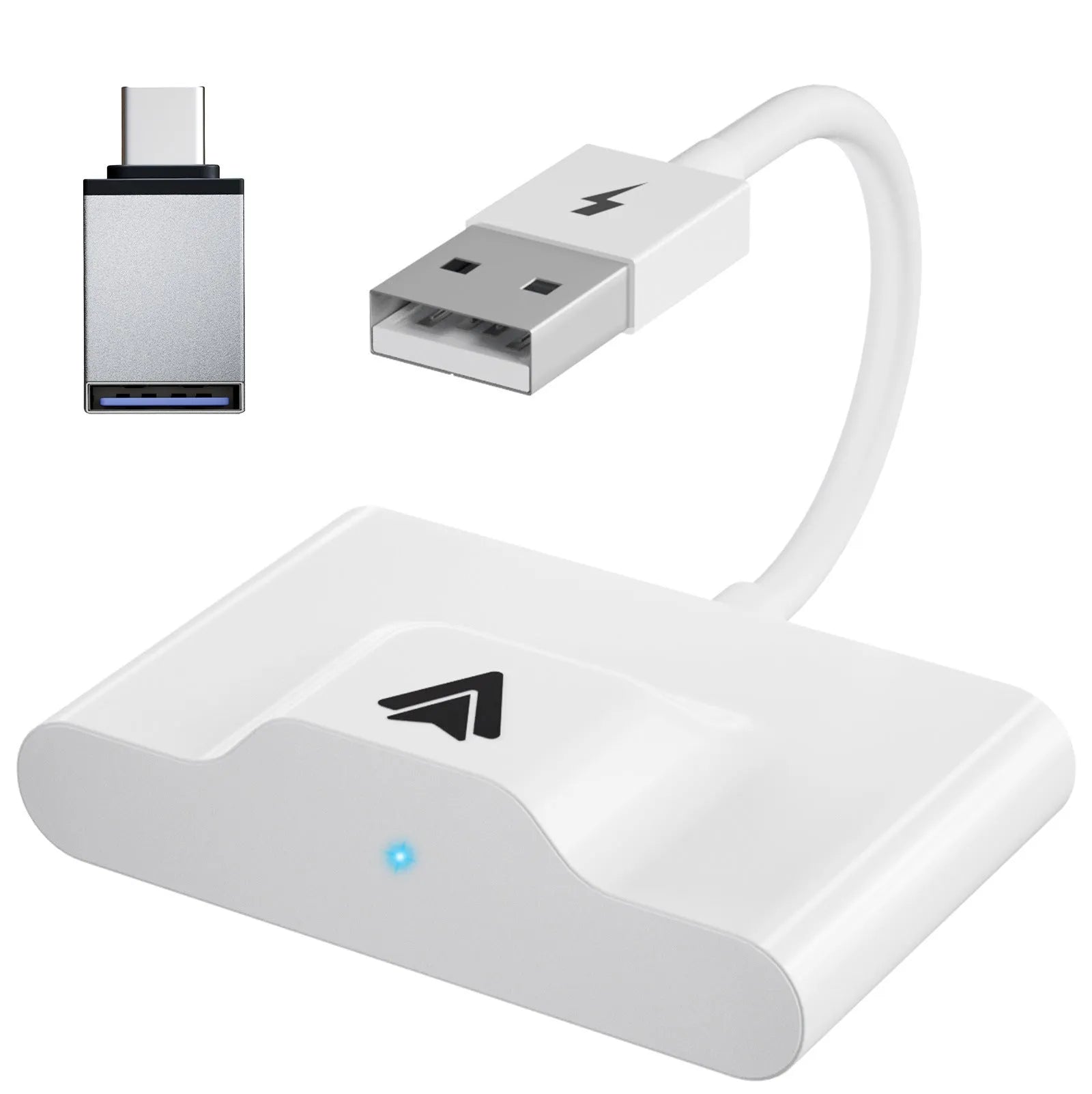 Black wireless Android Auto car adaptor connected to a car USB port with a smartphone displaying a navigation app wirelessly.