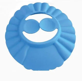 Adjustable waterproof EVA baby shower cap in blue with ear detail, 29x26cm