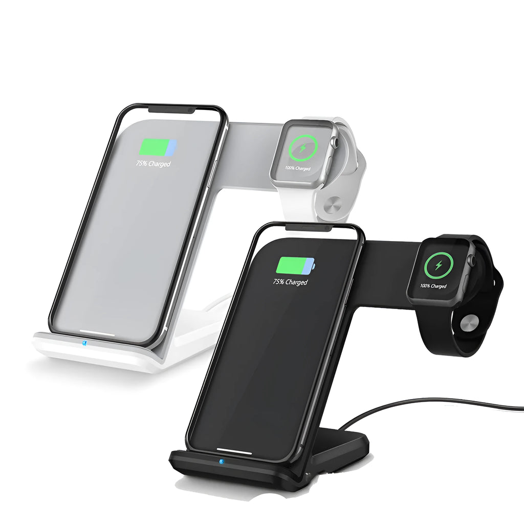 Black wireless charging station with dual coils and silicon pad for smartphones