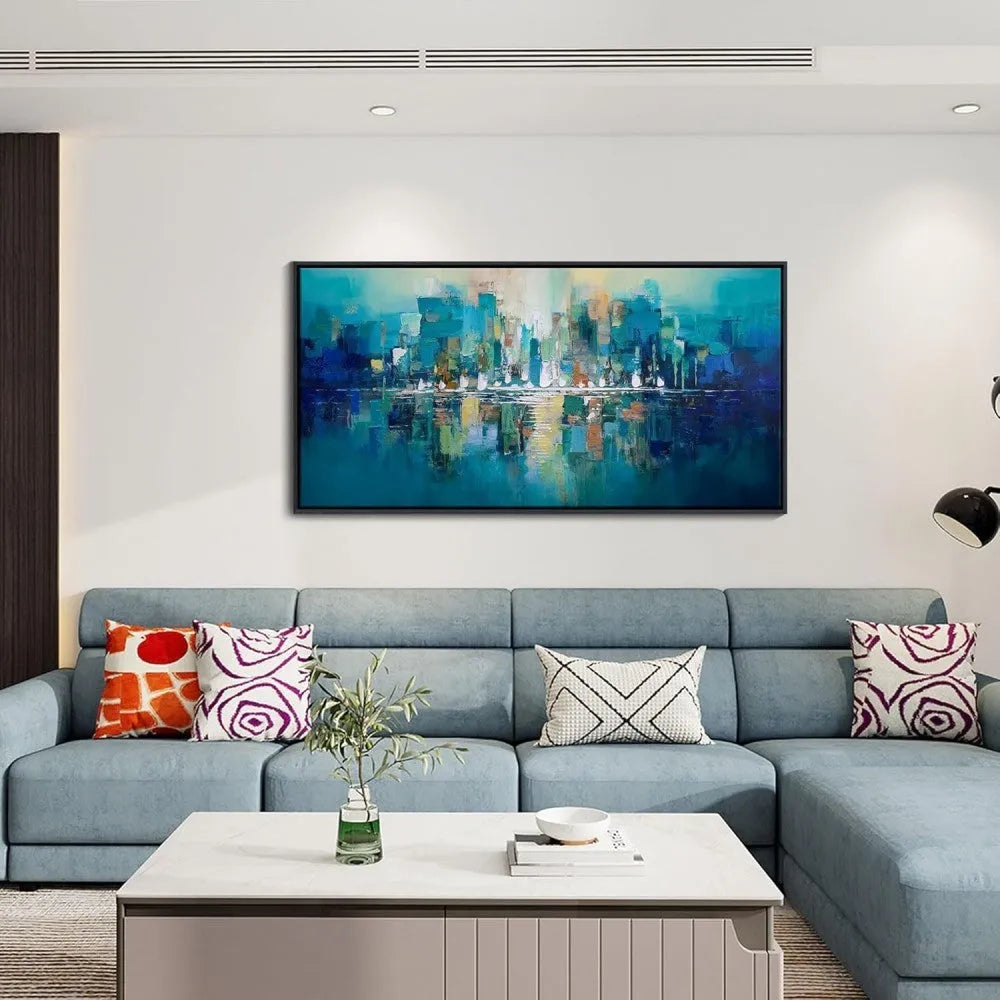 Hand-painted abstract oil painting on canvas with horizontal orientation, available in multiple sizes up to 240cm x 120cm