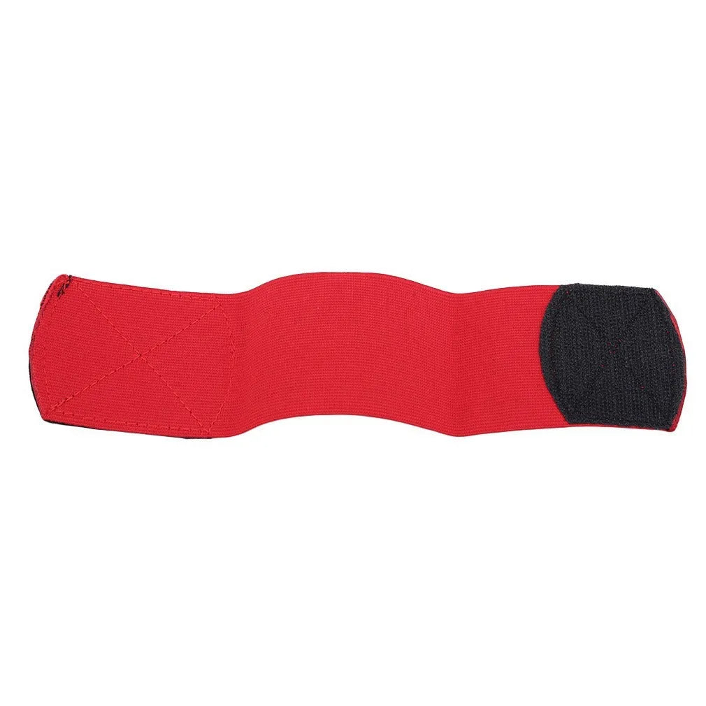 Football shin guard magic tape belt in red, blue, black, or white colours showing flexible rubber construction