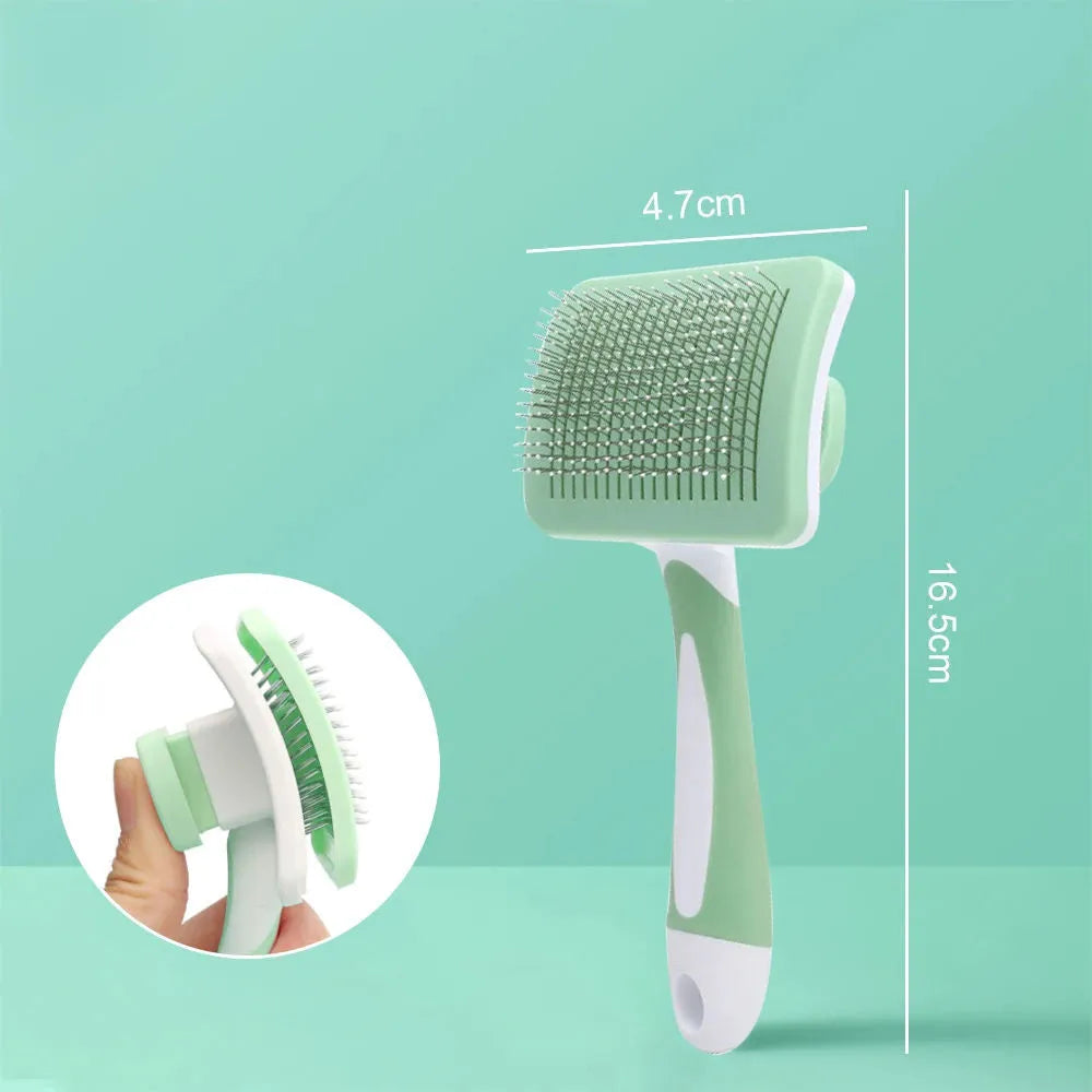 Self cleaning slicker brush for dogs cats with one click button in green orange pink