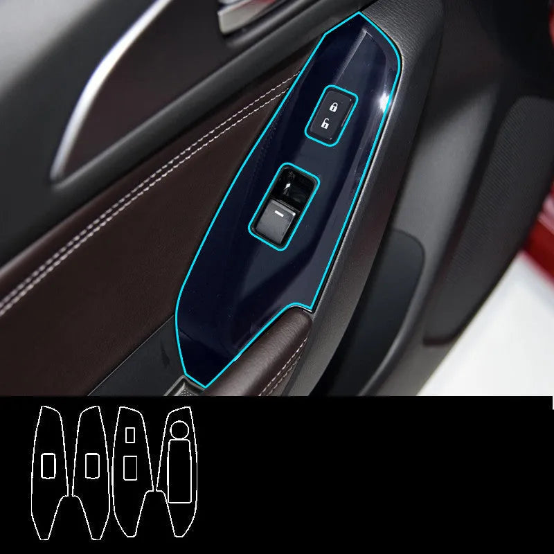 Set of four TPU transparent protective films for car door control panels on a 2014-2019 vehicle.