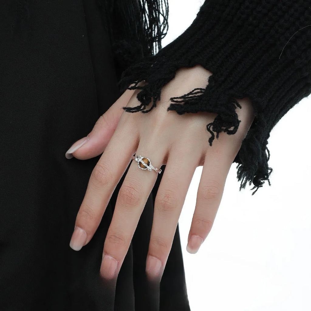 Adjustable silver open ring with Saturn design in white gold colour finish