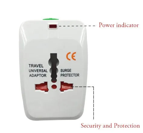 Universal travel plug adapter for multiple countries measuring 73x50x39mm