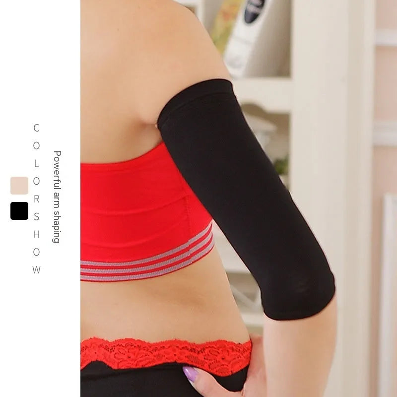 Women's black and skin colour shaping arm sleeves made from nylon fabric for middle-aged women