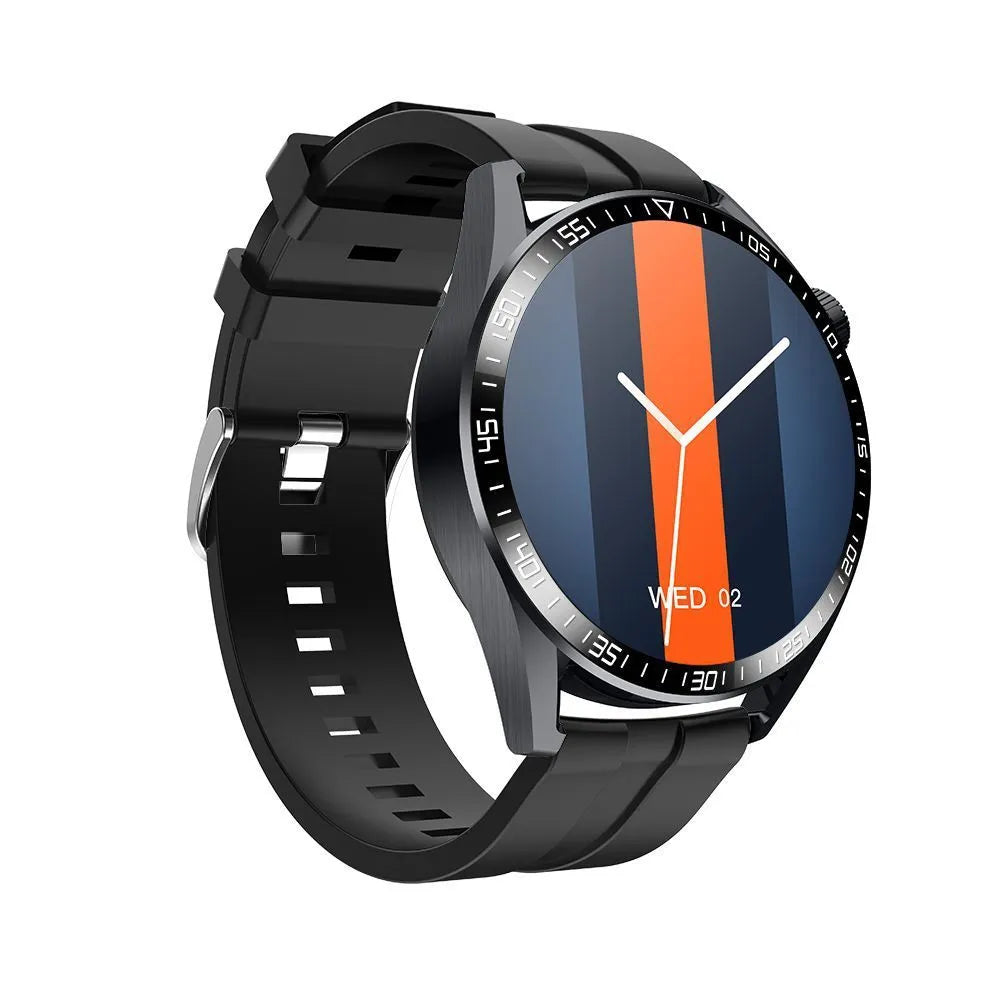 Black smart watch with 1.35 inch screen on a silicone strap, showing health metrics and call interface