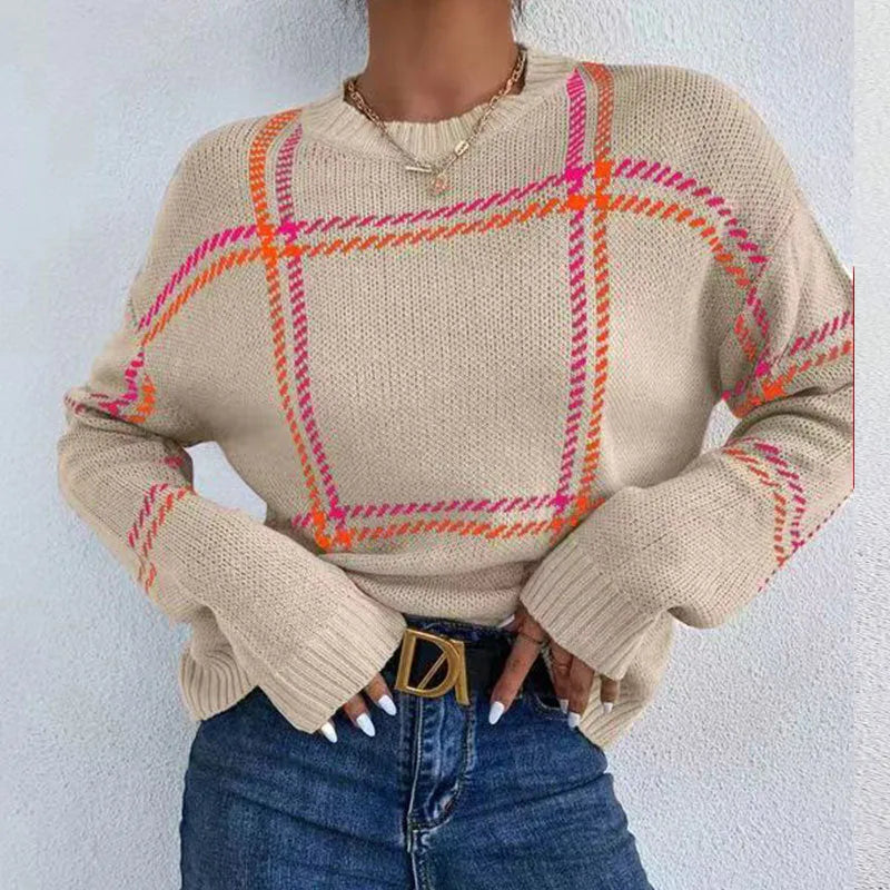 Women's plaid colour-block crew neck sweater in acrylic fabric with medium thickness