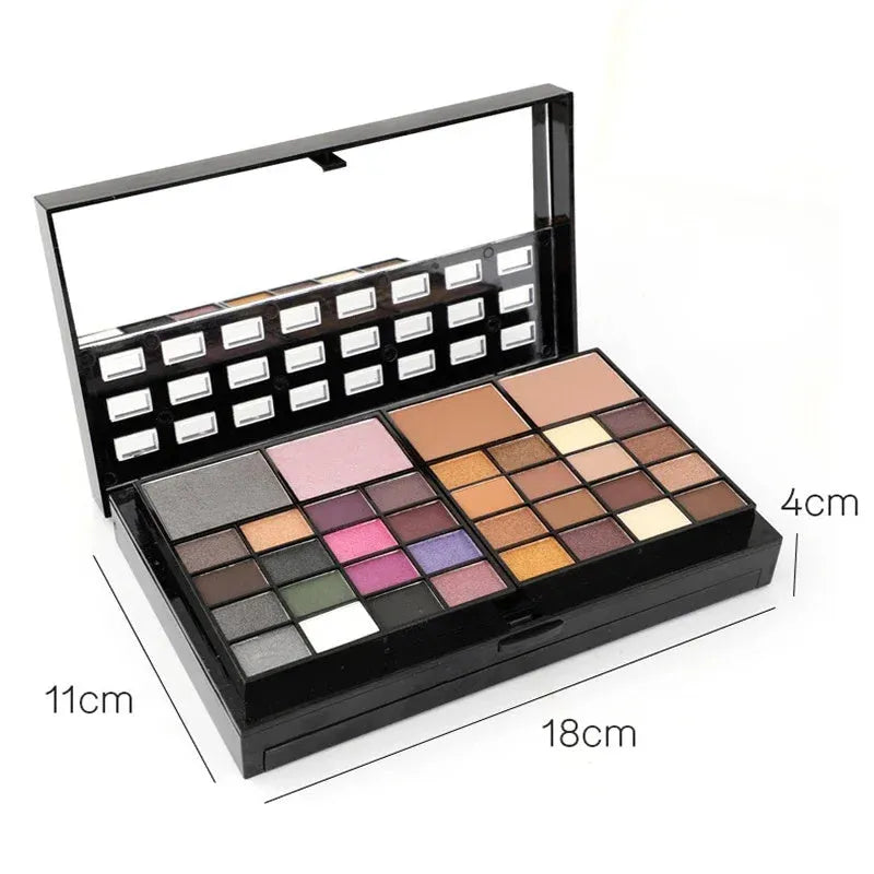 74 colour makeup palette with four layers showing eyeshadows, lip glosses, blush and contour powders with brush set