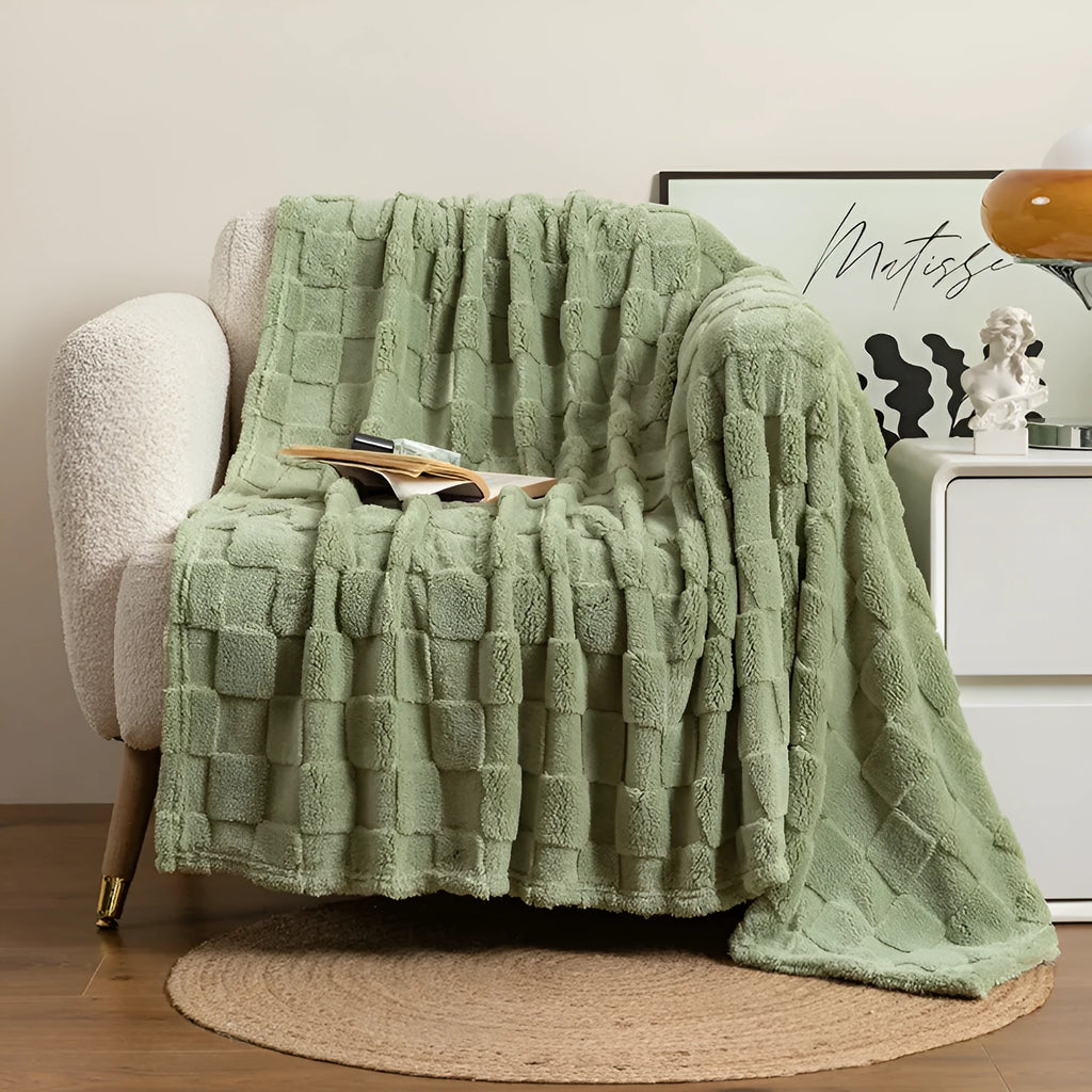 Thickened geometric pattern polyester blanket in cotton velvet texture shown in a milky white colour.