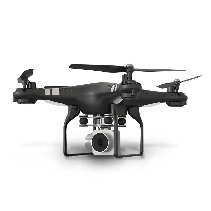 Black alloy HD aerial photography drone with remote control handle, flying outdoors.