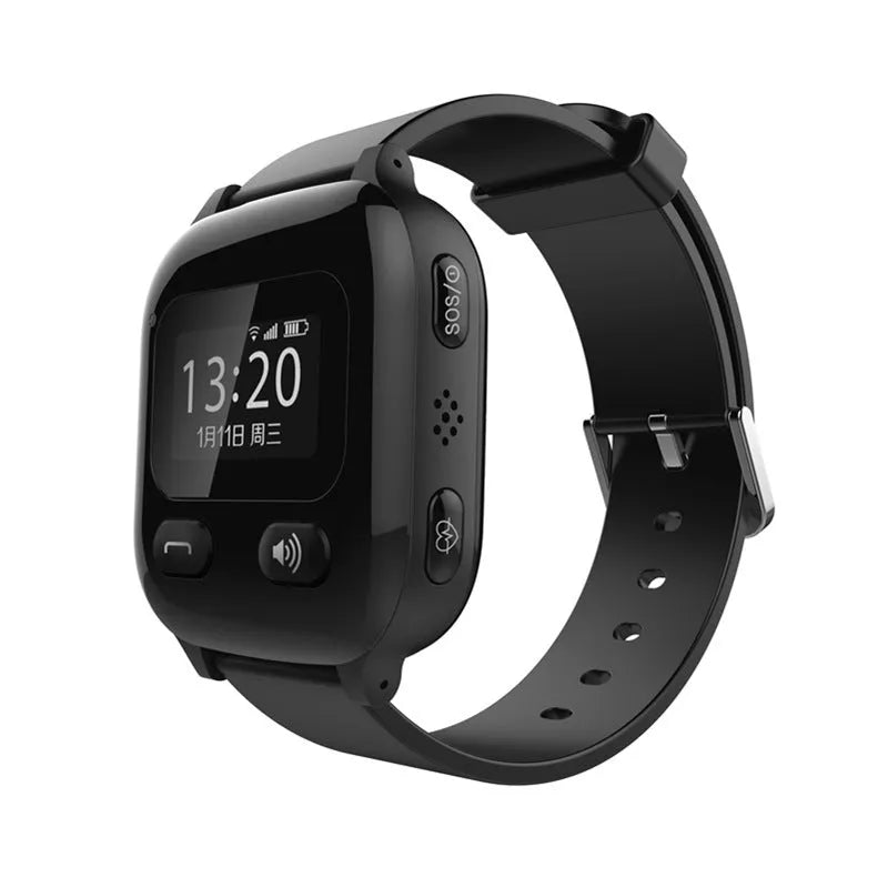Black smart positioning watch for the elderly with a wrist strap and visible SOS button.