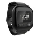 Black smart positioning watch for the elderly with a wrist strap and visible SOS button.
