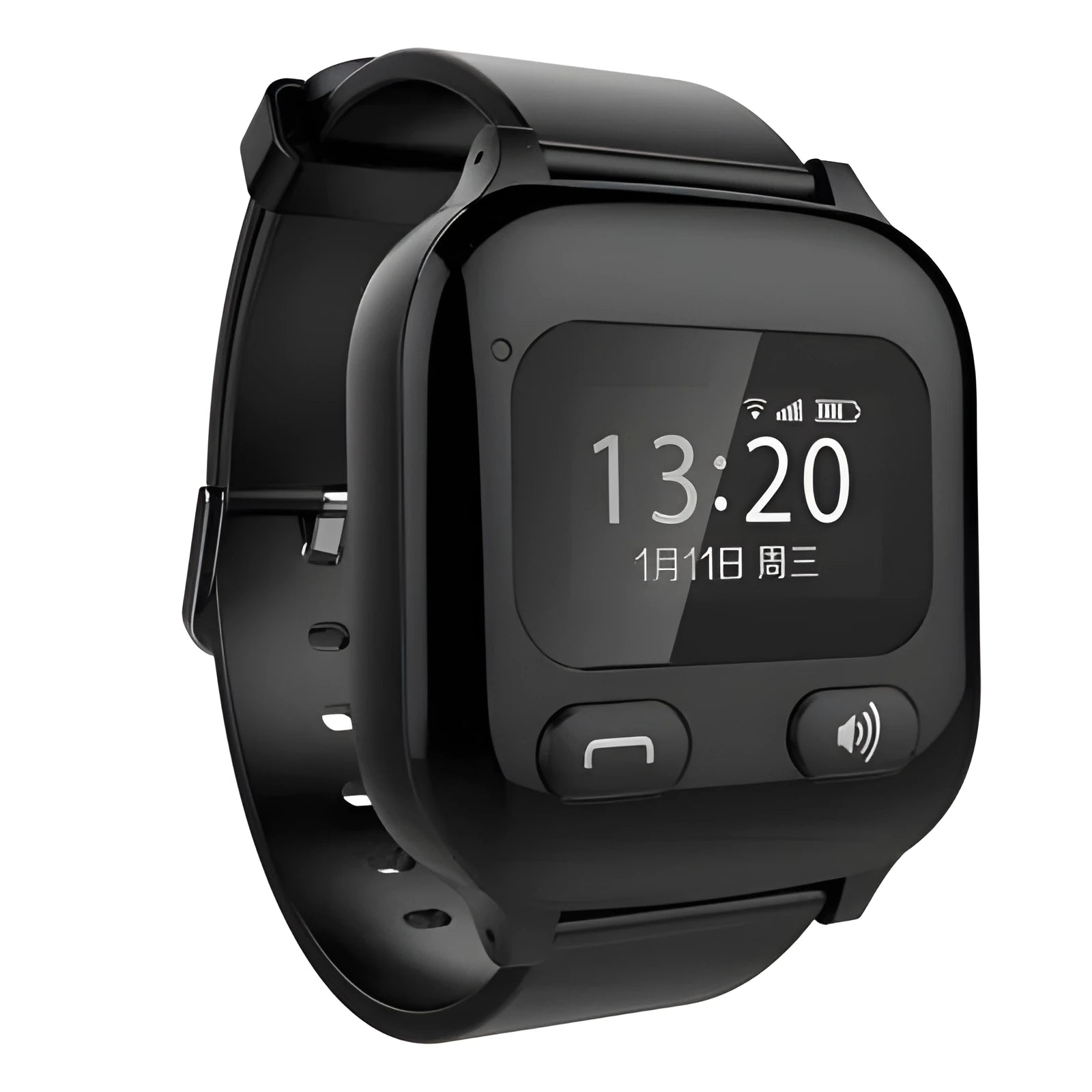 Black smart positioning watch for the elderly with a wrist strap and visible SOS button.