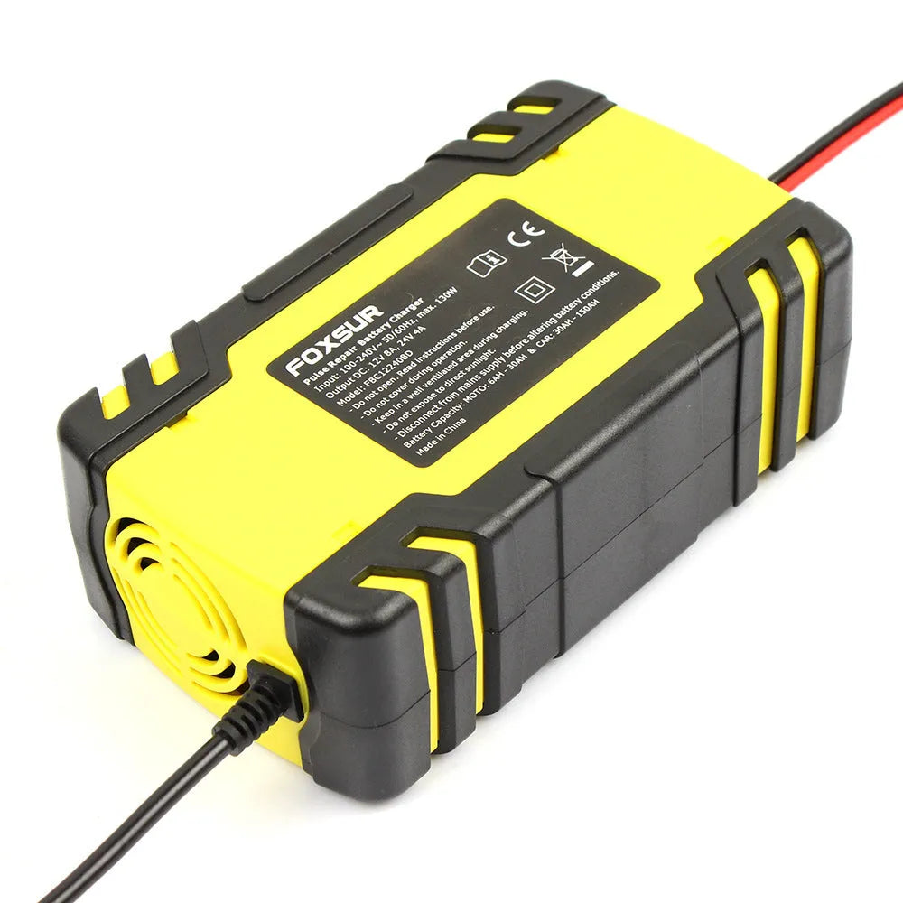 Yellow automatic battery charger 12V 24V for cars and motorcycles with 100-240V input
