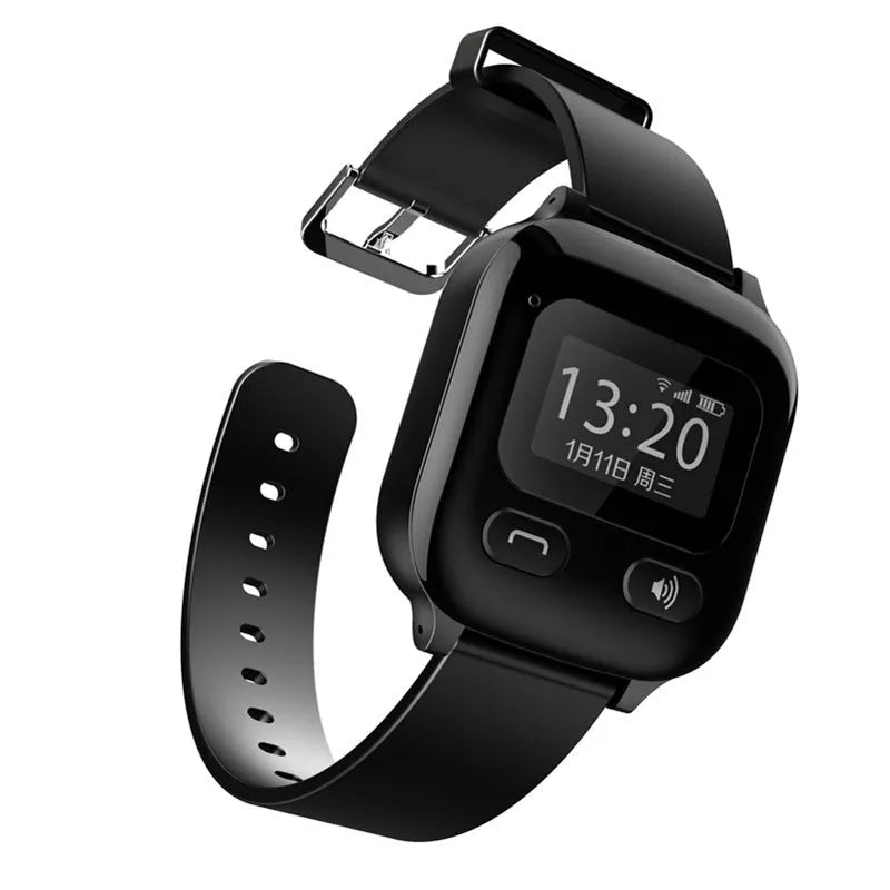 Black smart positioning watch for the elderly with a wrist strap and visible SOS button.