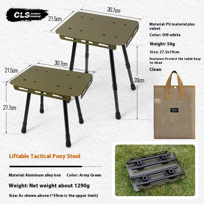 CLS aluminium alloy dual-use folding camping table shown converted into a stool with a green PU mat cushion.