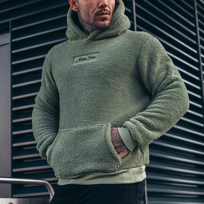 Men's plush cotton hoodie sweatshirt with big front pocket in olive green, contrast colour sleeves