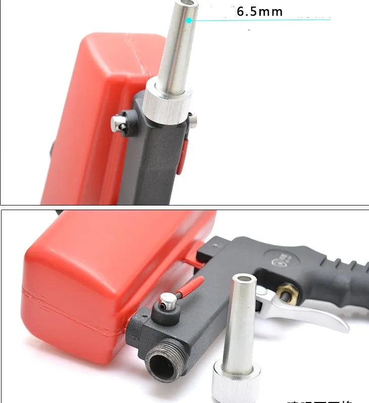 Portable blue pneumatic sandblasting gun with upper tank and nozzle for rust removal and surface cleaning
