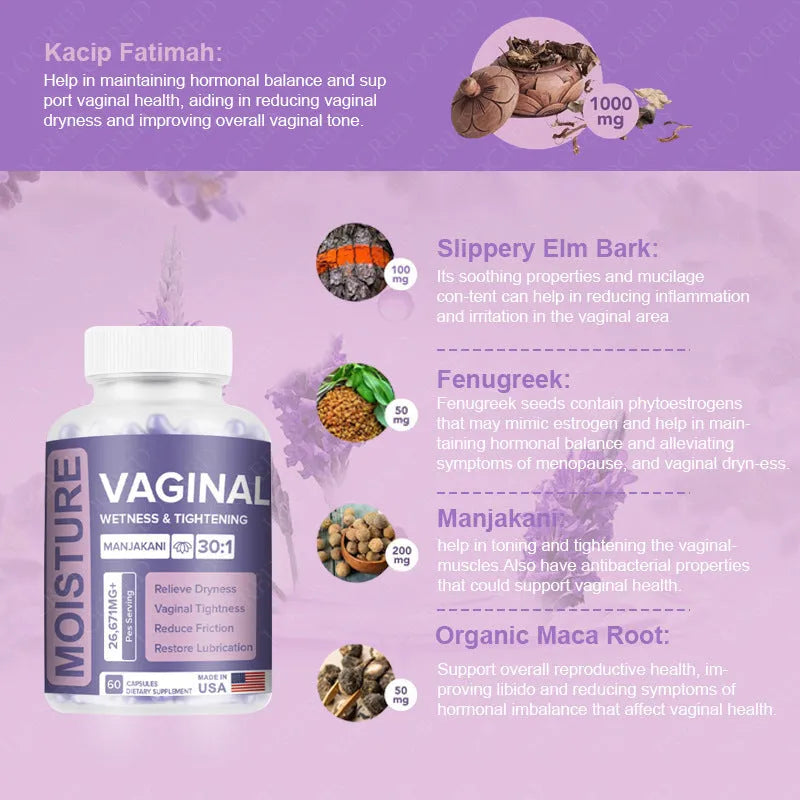 Bottle containing 60 vaginal capsules for adult women's intimate health.