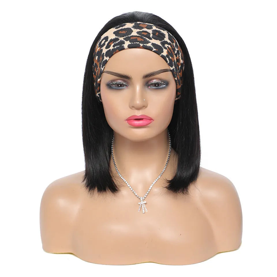 Human hair headband wig straight bob in 1B natural colour, 10 inch length, no glue style