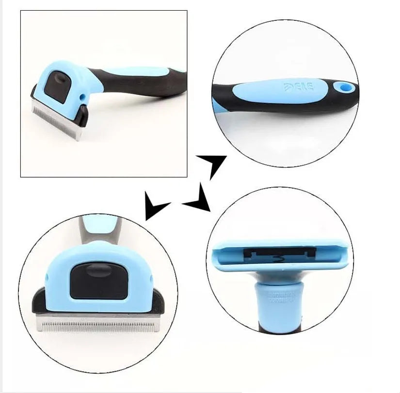 Pet hair removal comb for long straight hair, available in blue or pink, three sizes: S 130x50mm, M 130x66mm, L 130x100mm