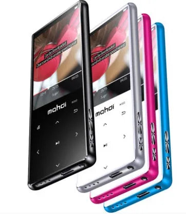 Silver portable MP3 player with a large 2.4-inch touch screen displaying a music interface.
