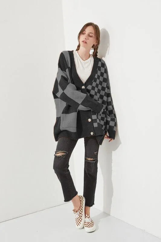 Printed checks knitwear cardigan in loose slim fit showing six colour options