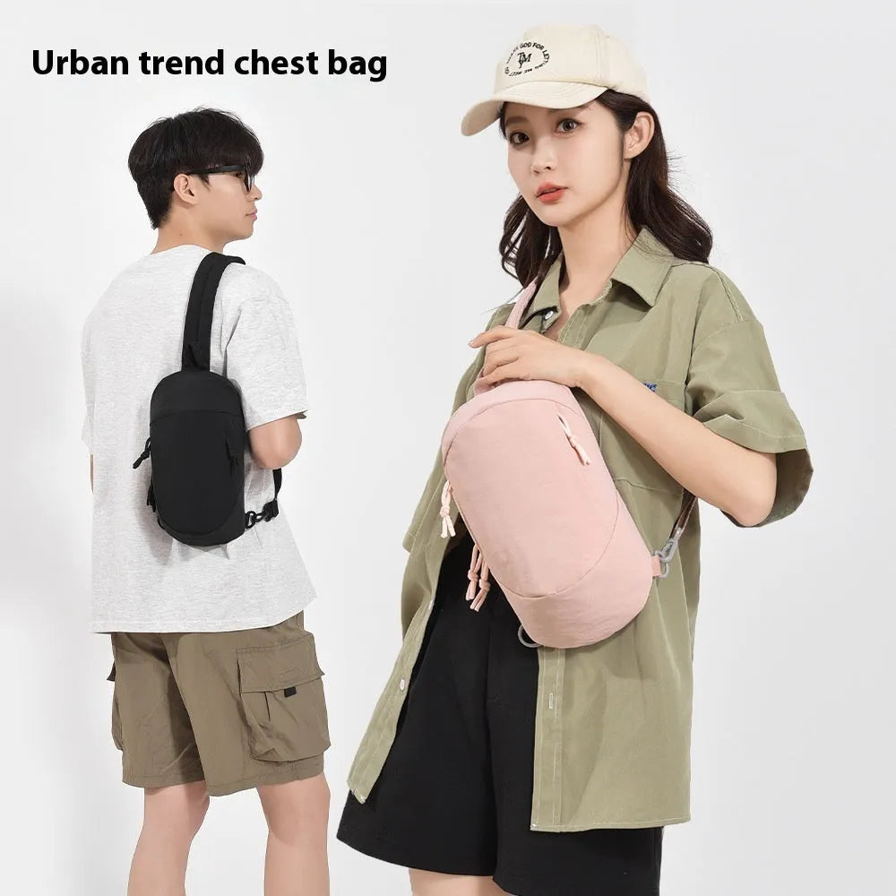 Outdoor nylon crossbody chest bag with phone pocket in one of six colours: black, white, green, pink, or grey.