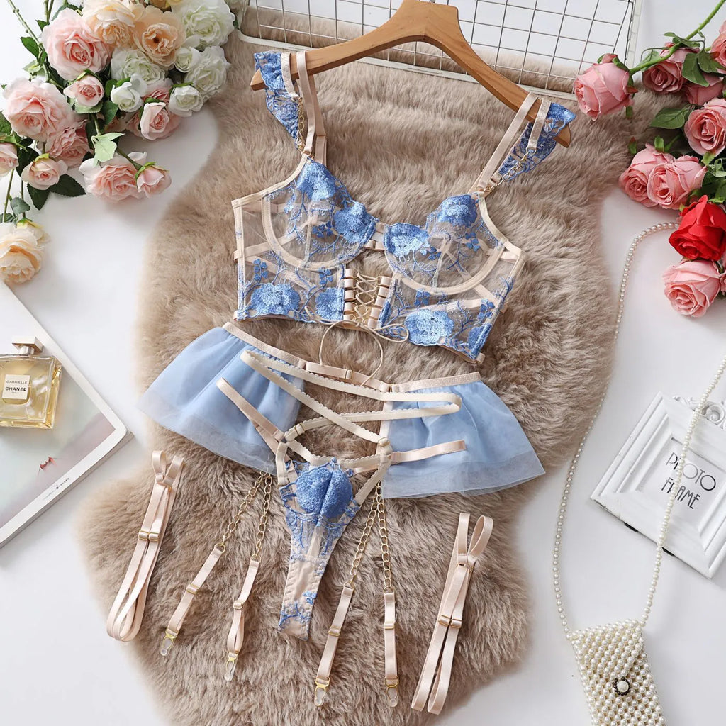 Light blue embroidered lace push-up bra set with transparent mesh design and matching underwear