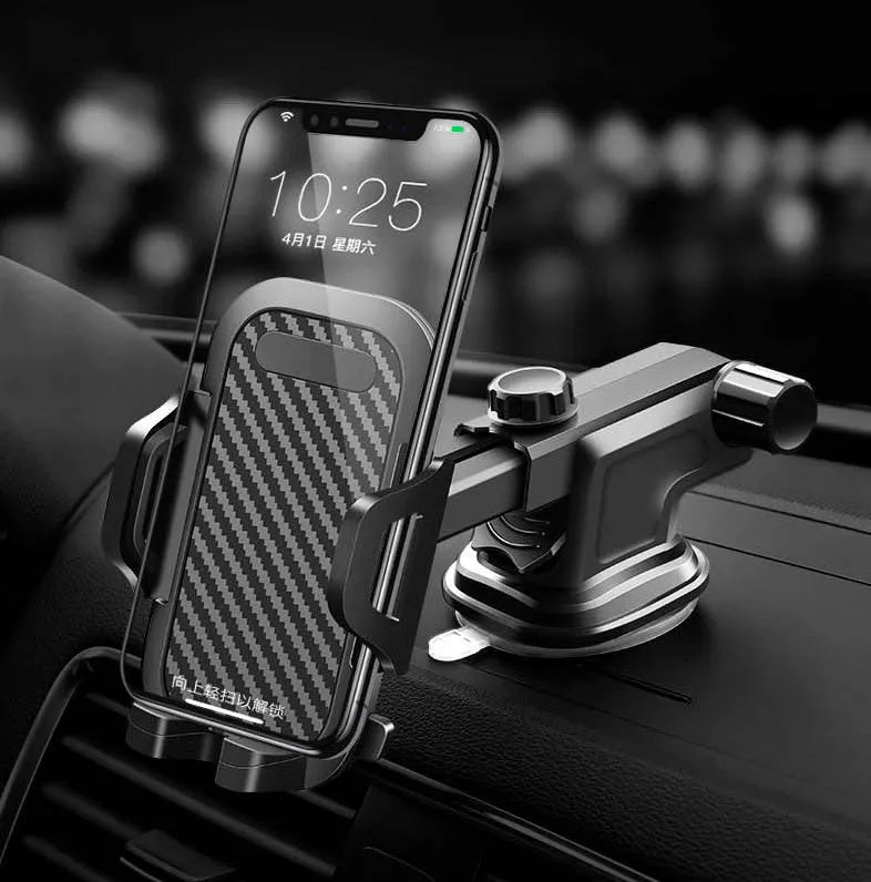 Black universal car phone holder for smartphones 4 to 7 inches wide on a car dashboard