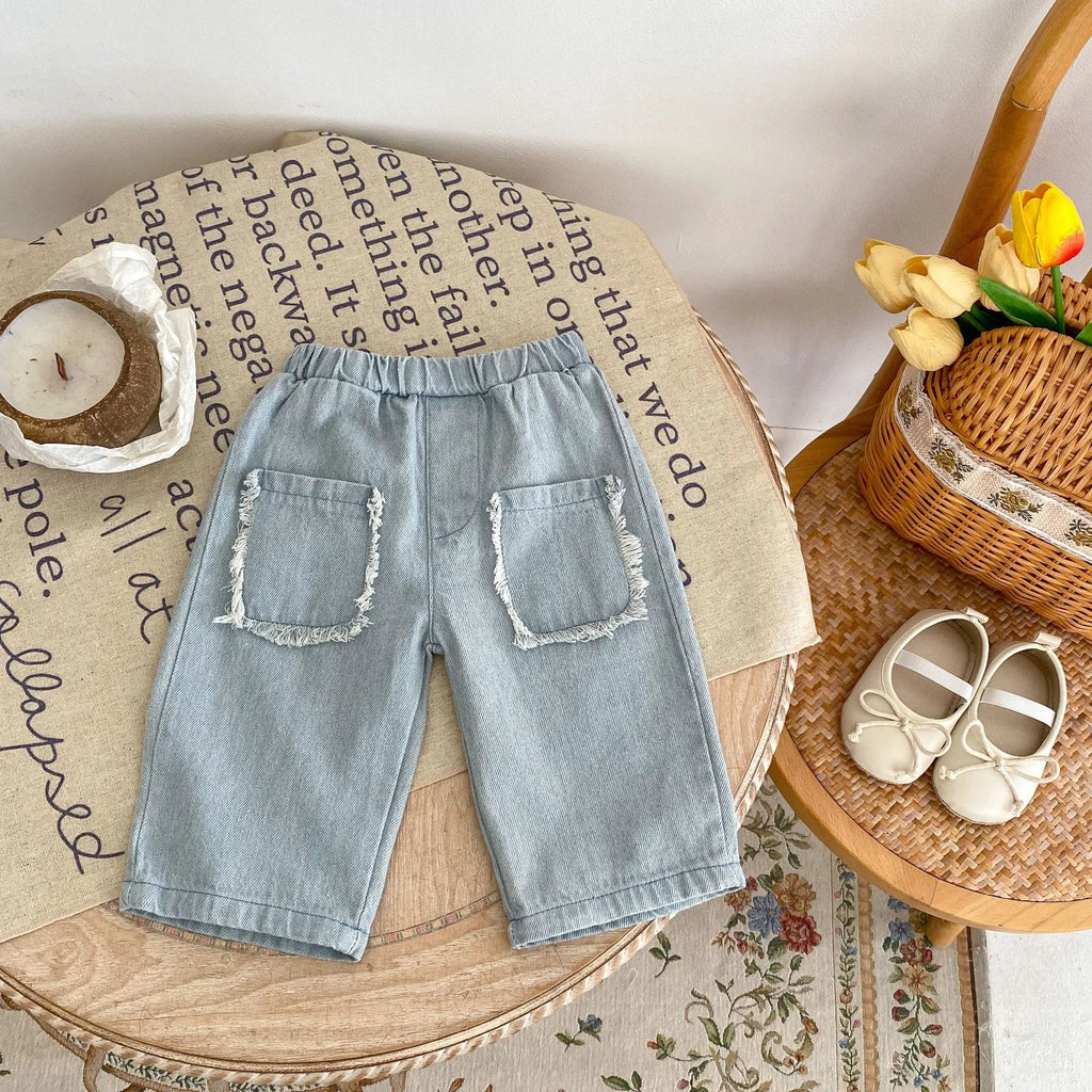 Children's cotton denim cropped pants in denim colour with hairband belt fly opening