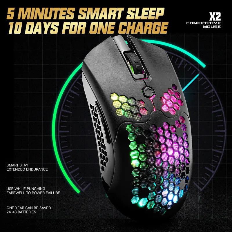 Free Wolf X2 wireless gaming mouse with honeycomb shell in multiple colours on a desk.