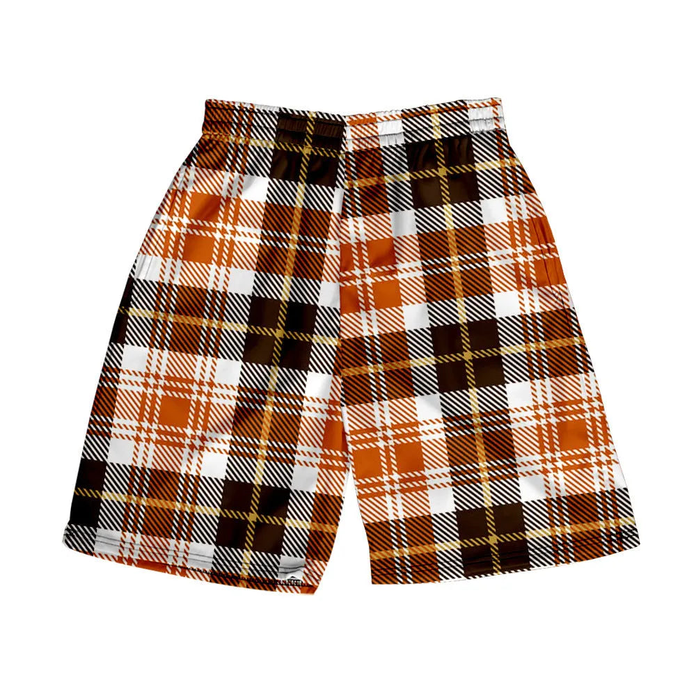 Men's blue and white plaid casual polyester shorts with an elastic waistband.