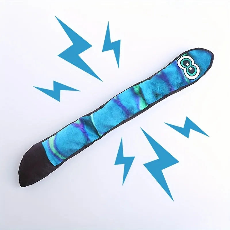 Plush snake dog squeaky toy with printed stripes in blue, green and rainbow colours