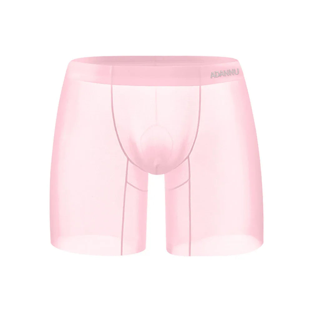 Men's seamless U-convex sports shorts in nylon fabric, available in orange, pink, and red colours