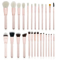 26 pink wooden-handle makeup brushes arranged in a grey PU zip case.