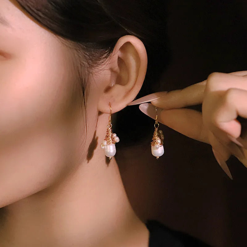 Handmade natural pearl wire-wrapped earrings in white, geometric round fairy style, for women