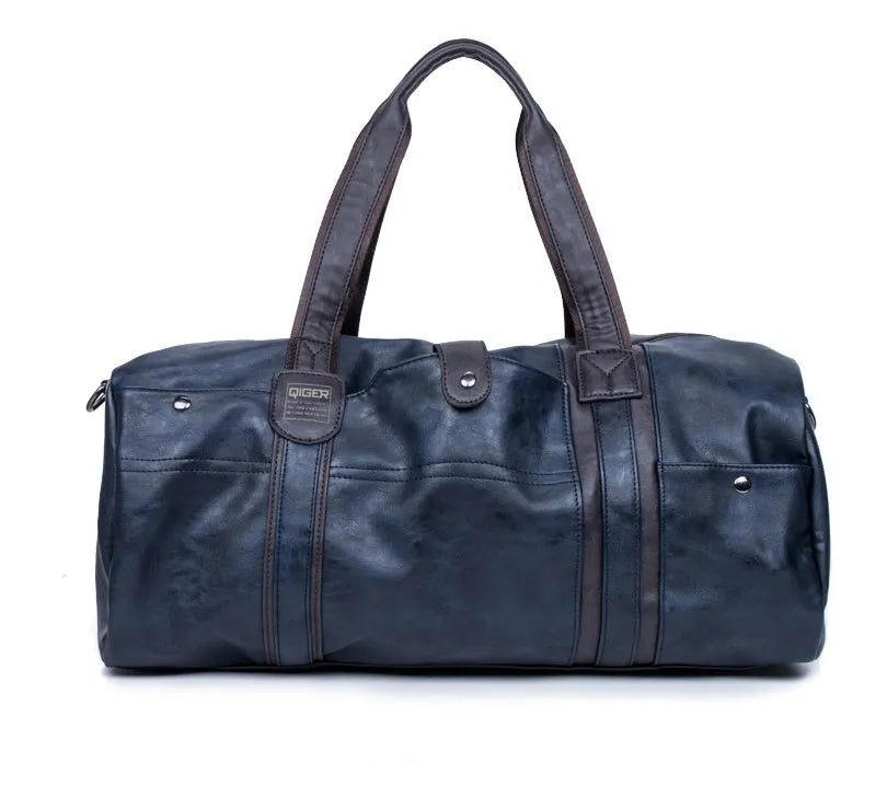 Portable cylinder leisure travel bag medium 36-55L PU leather blue black brown zipper closure soft handle