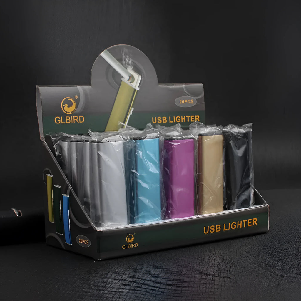 Set of 20 rechargeable metal windproof cigarette lighters in assorted colours.