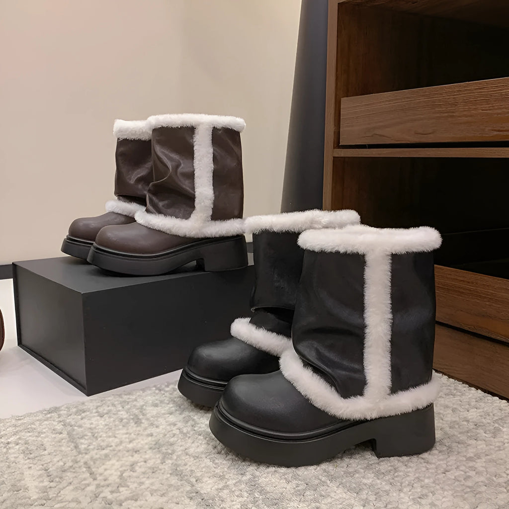Women's winter faux fur lined short boots with thick sole and plush trim in black