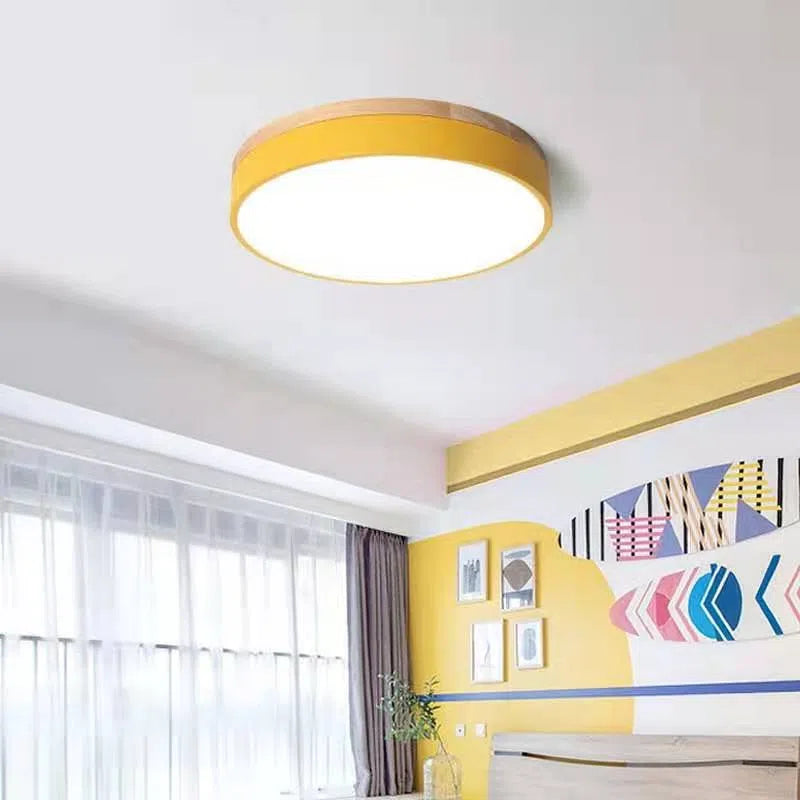 Round Nordic macaron ceiling light with wooden base, 60cm diameter, in multiple colour options