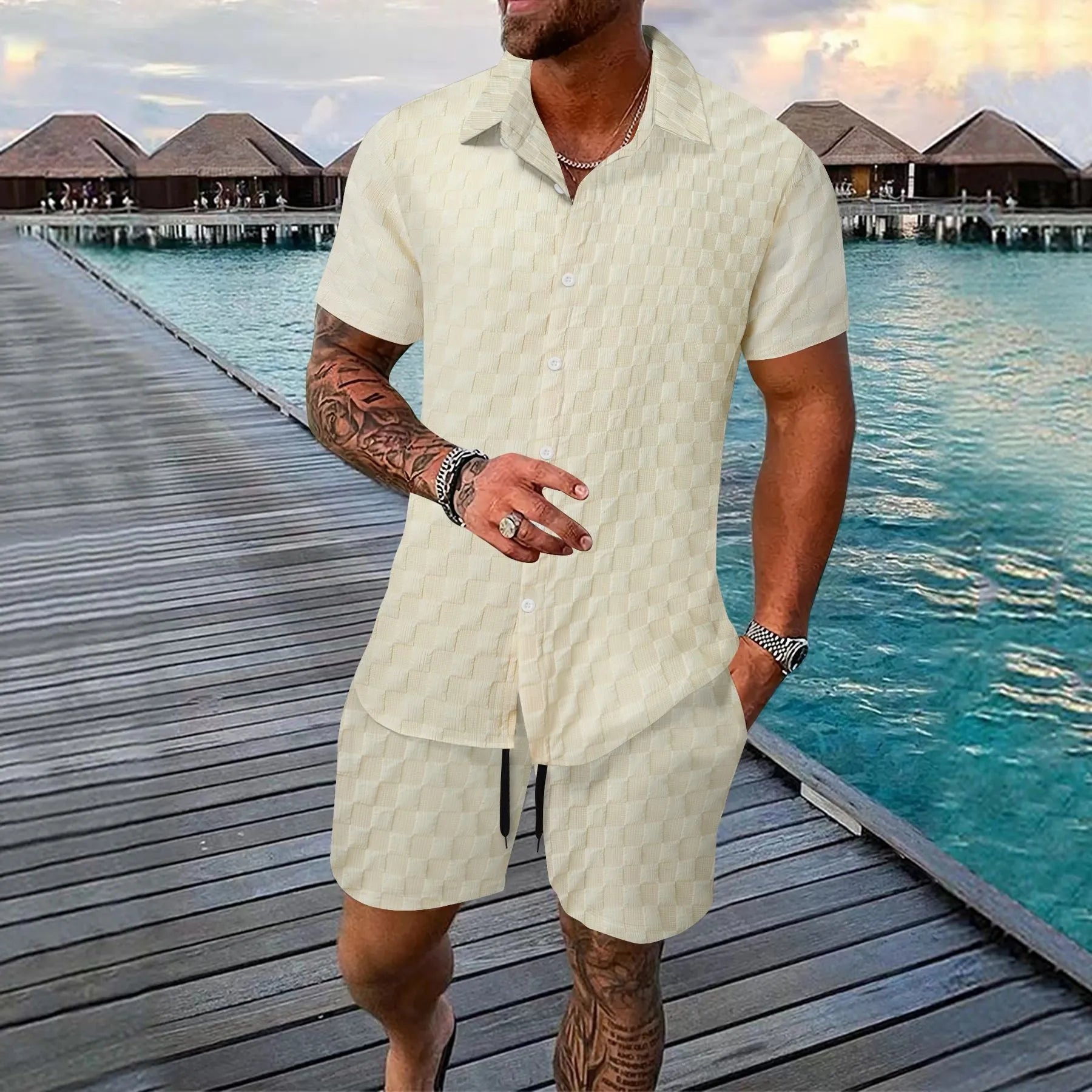 Men's chemical fibre shirt casual suit with short sleeve top and shorts in beige colour
