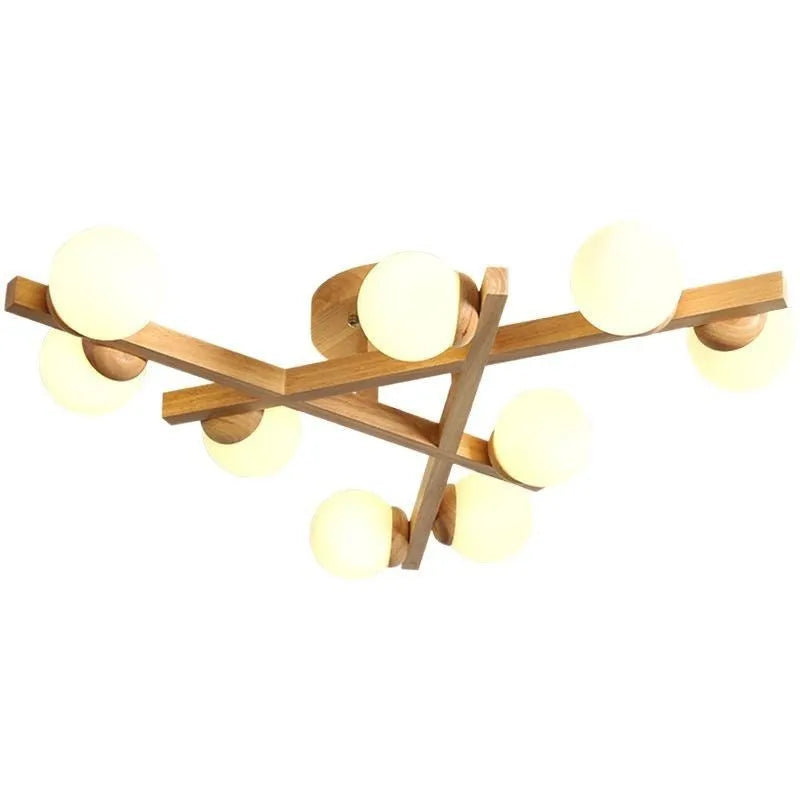 Modern wooden finish ceiling light with three adjustable lamp heads in a neutral white colour.