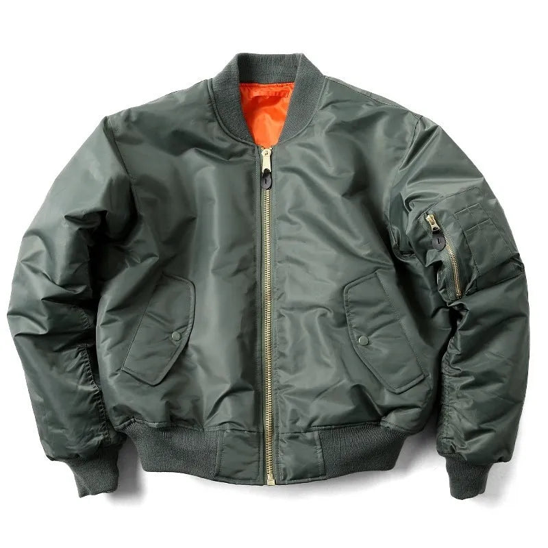 Men's olive green loose-fit cotton-padded pilot jacket with a zip front and workwear styling.