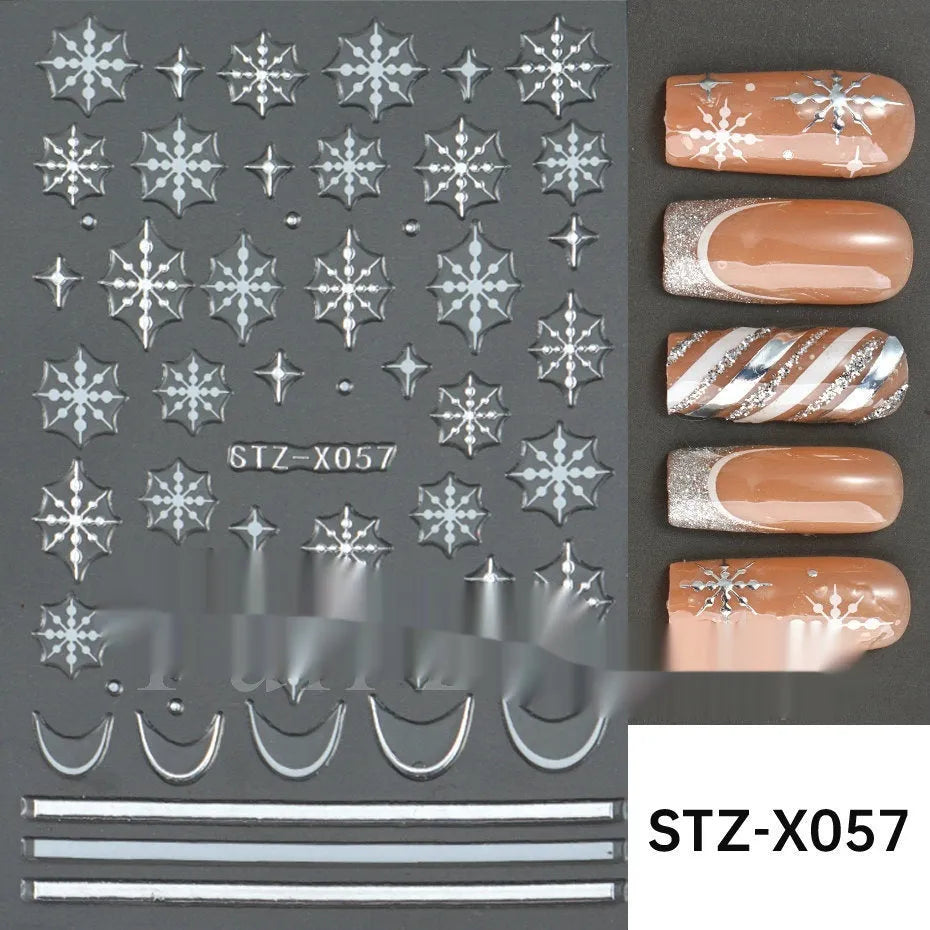 Pack of black and silver strip nail art stickers with cartoon and love pattern designs.