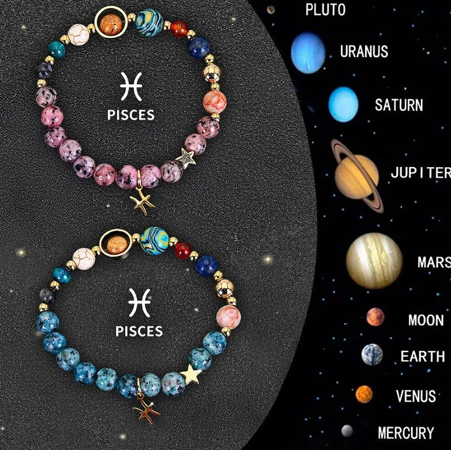 Two natural stone beaded bracelets on a stretch cord showing different zodiac sign charms.