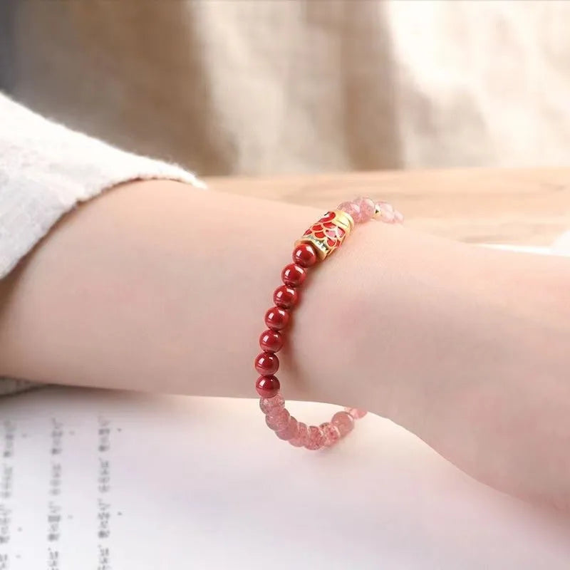 Purple cinnabar and pink strawberry quartz bracelet with koi and peach blossom design